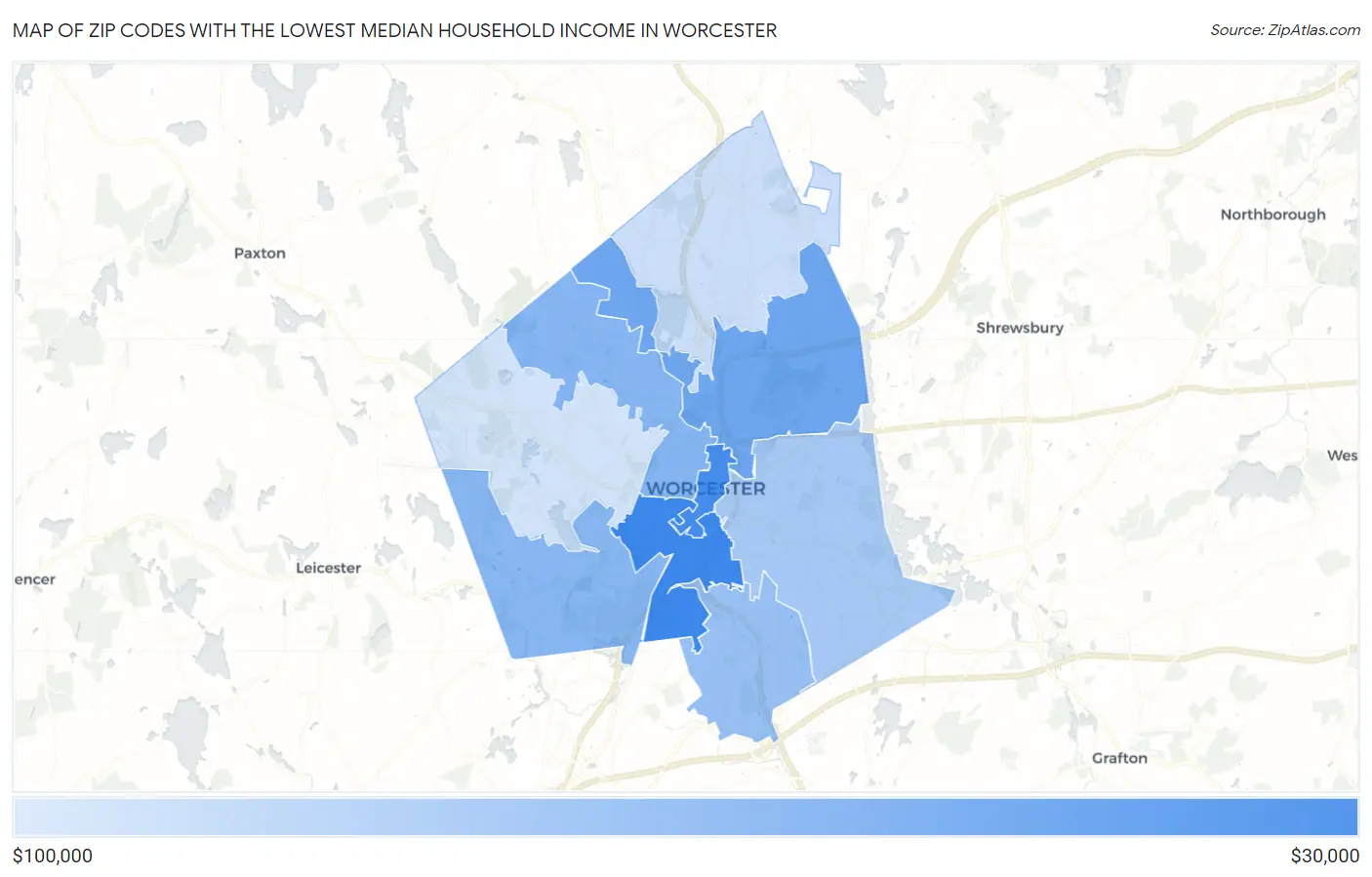 Zip Codes with the Lowest Median Household Income in Worcester Map