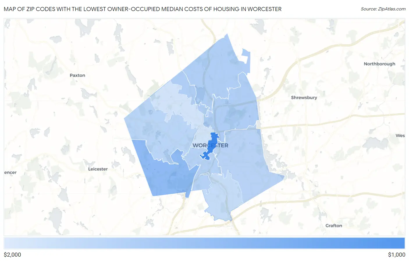 Zip Codes with the Lowest Owner-Occupied Median Costs of Housing in Worcester Map
