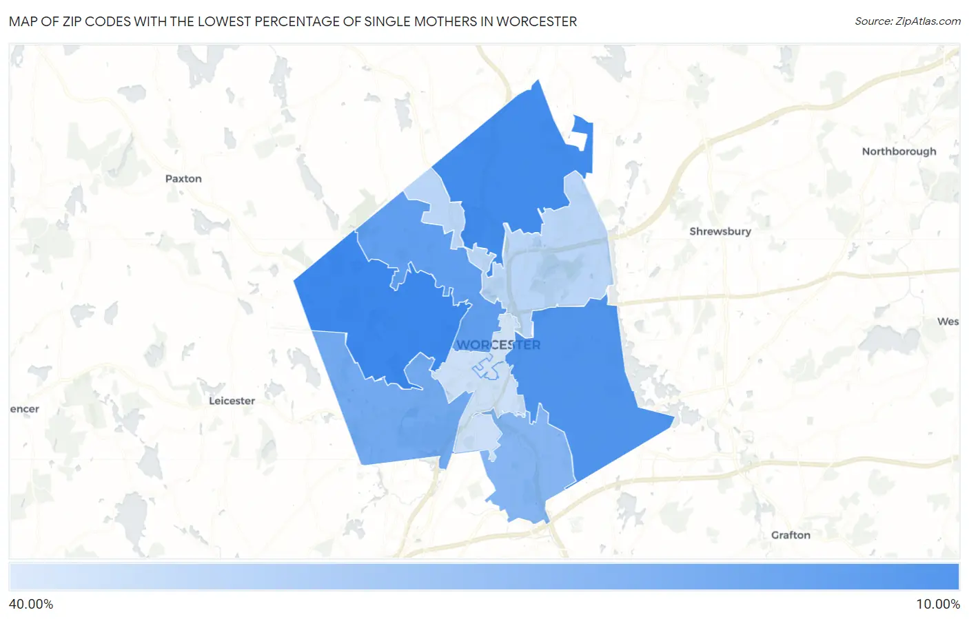 Zip Codes with the Lowest Percentage of Single Mothers in Worcester Map