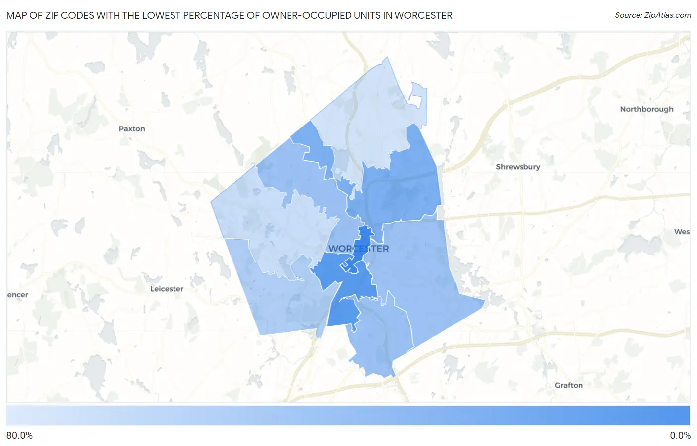 Zip Codes with the Lowest Percentage of Owner-Occupied Units in Worcester Map