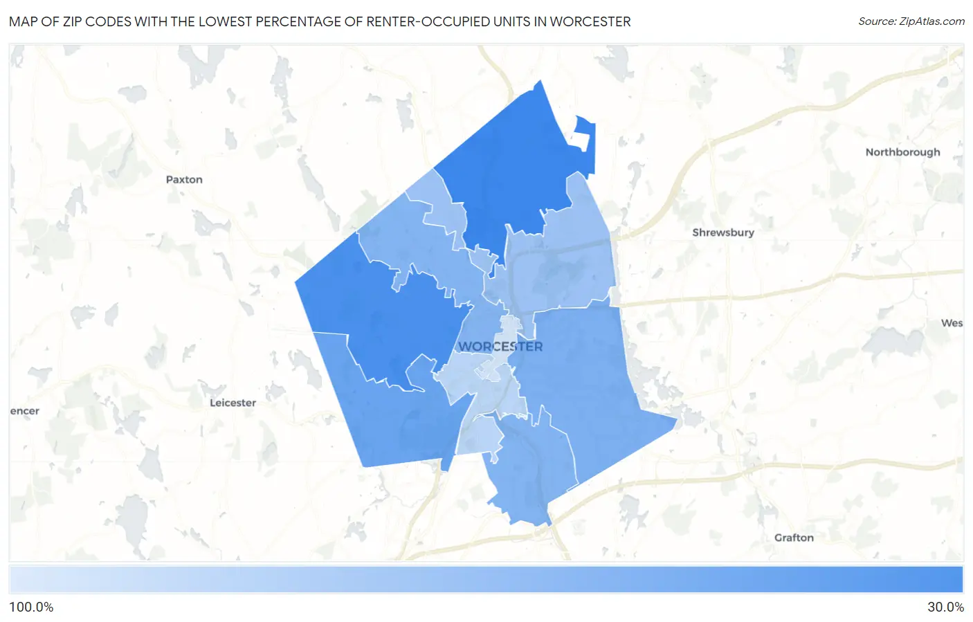 Zip Codes with the Lowest Percentage of Renter-Occupied Units in Worcester Map