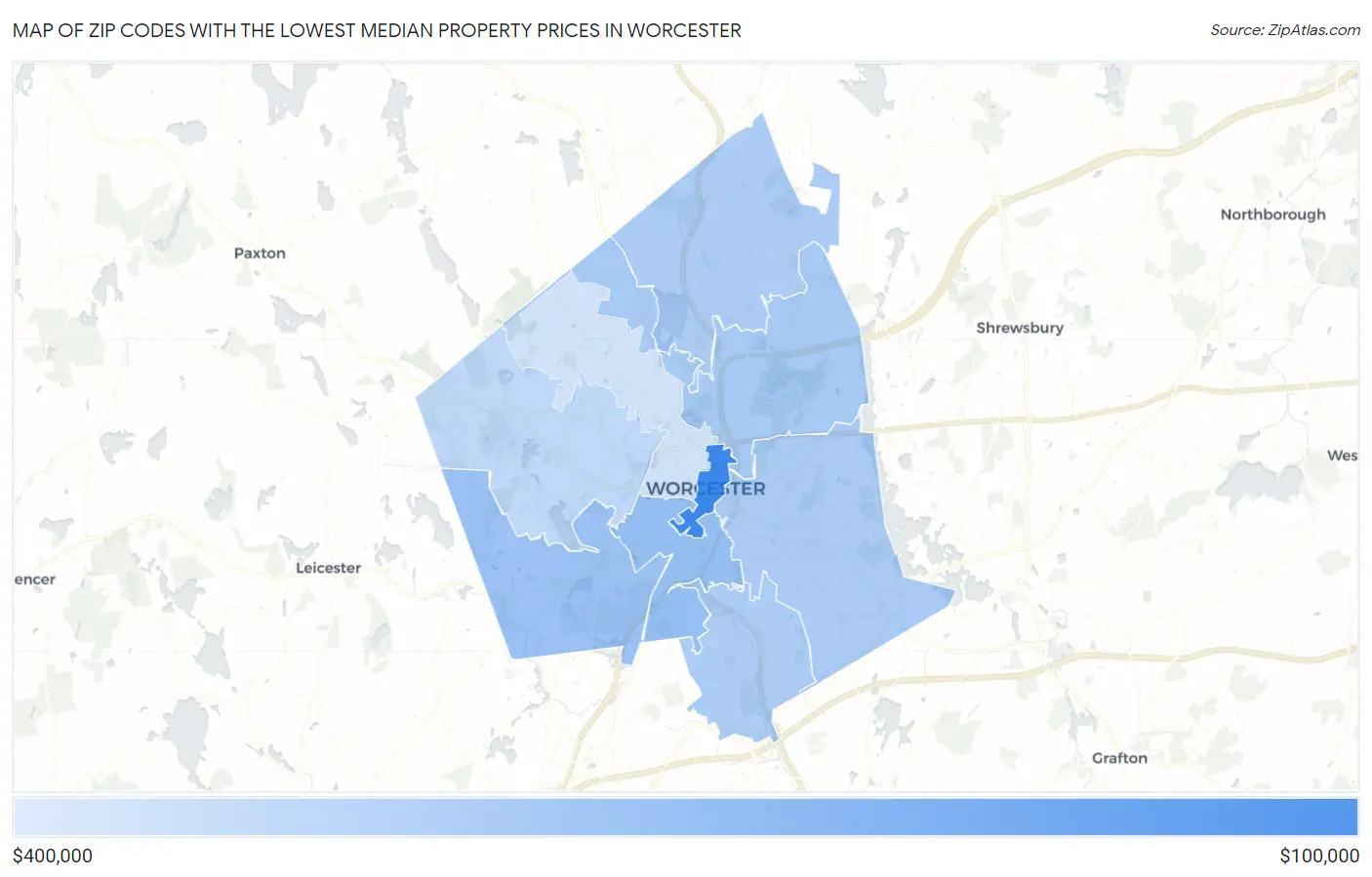 Zip Codes with the Lowest Median Property Prices in Worcester Map