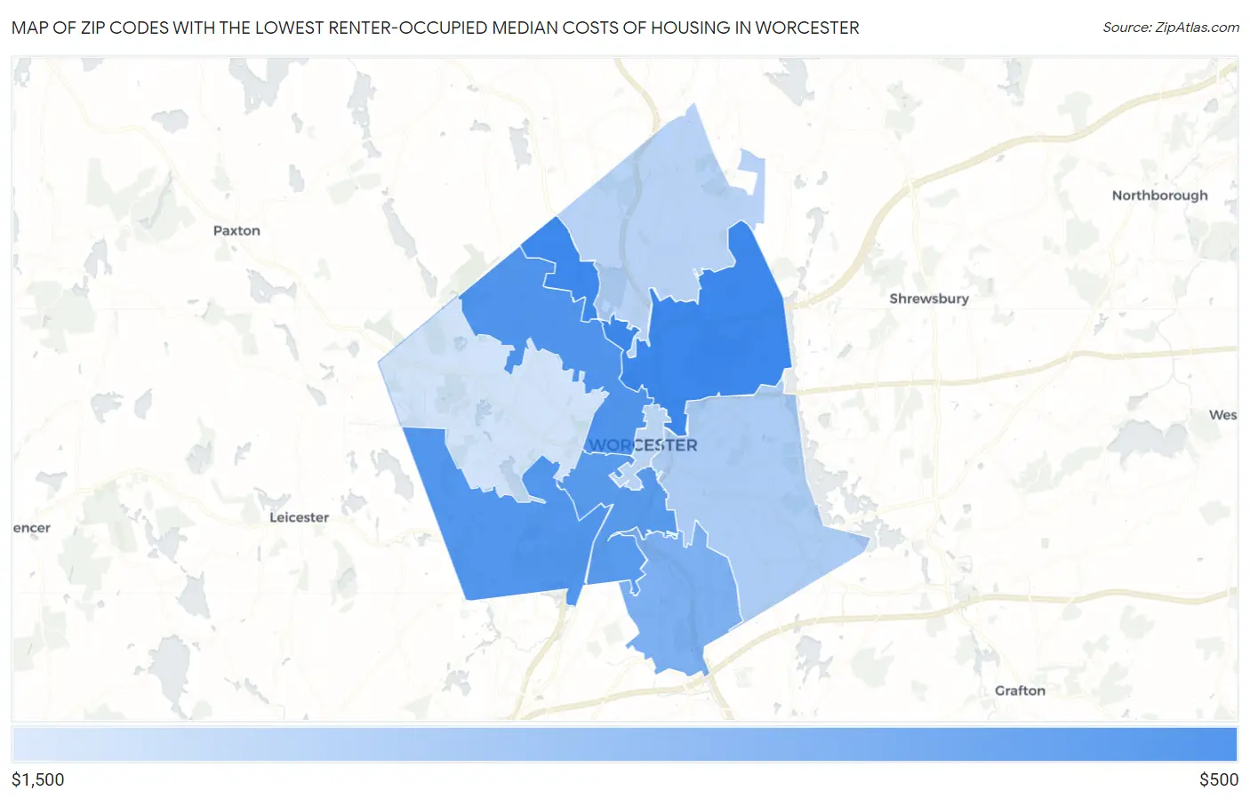 Zip Codes with the Lowest Renter-Occupied Median Costs of Housing in Worcester Map