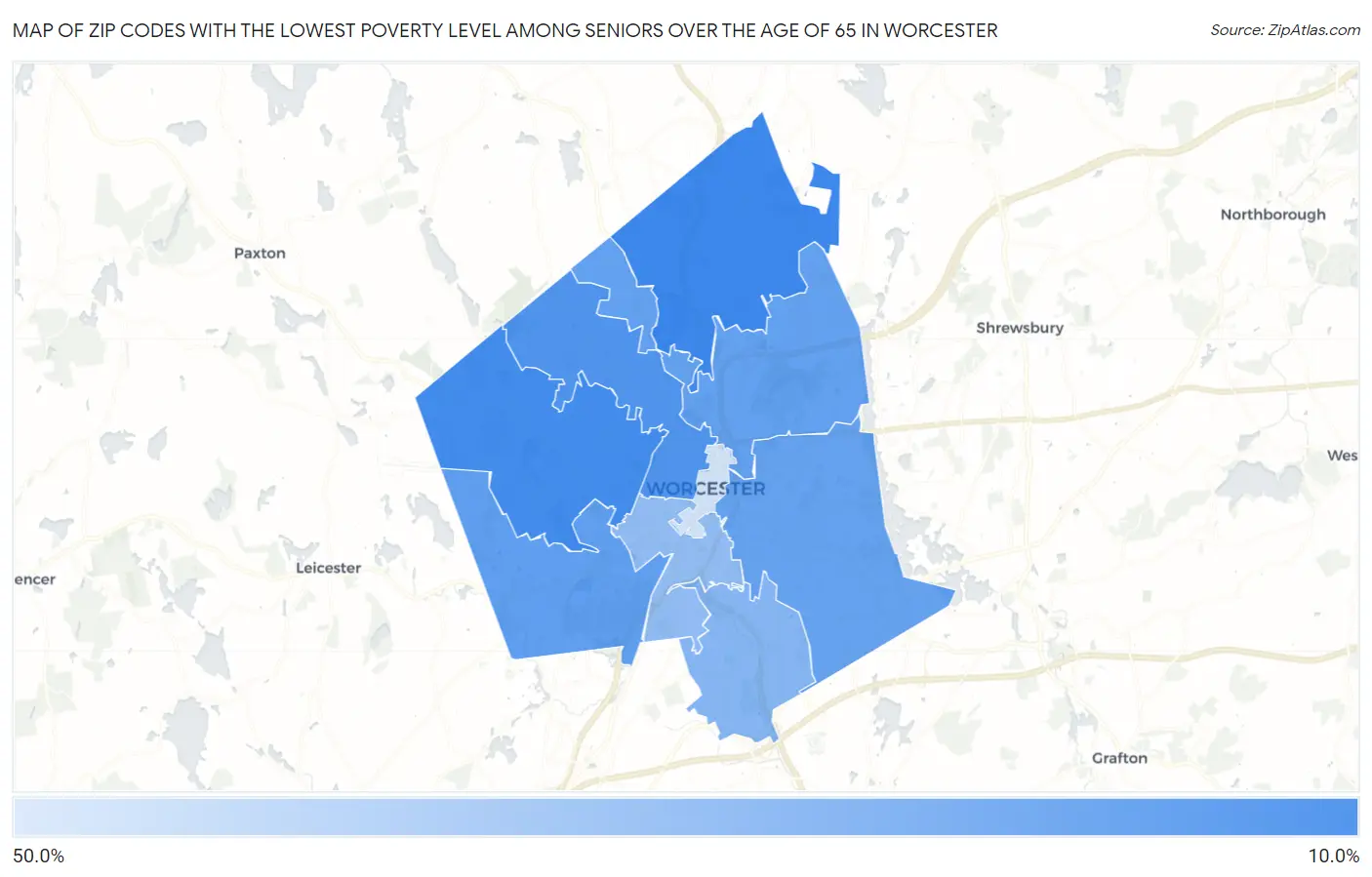 Zip Codes with the Lowest Poverty Level Among Seniors Over the Age of 65 in Worcester Map
