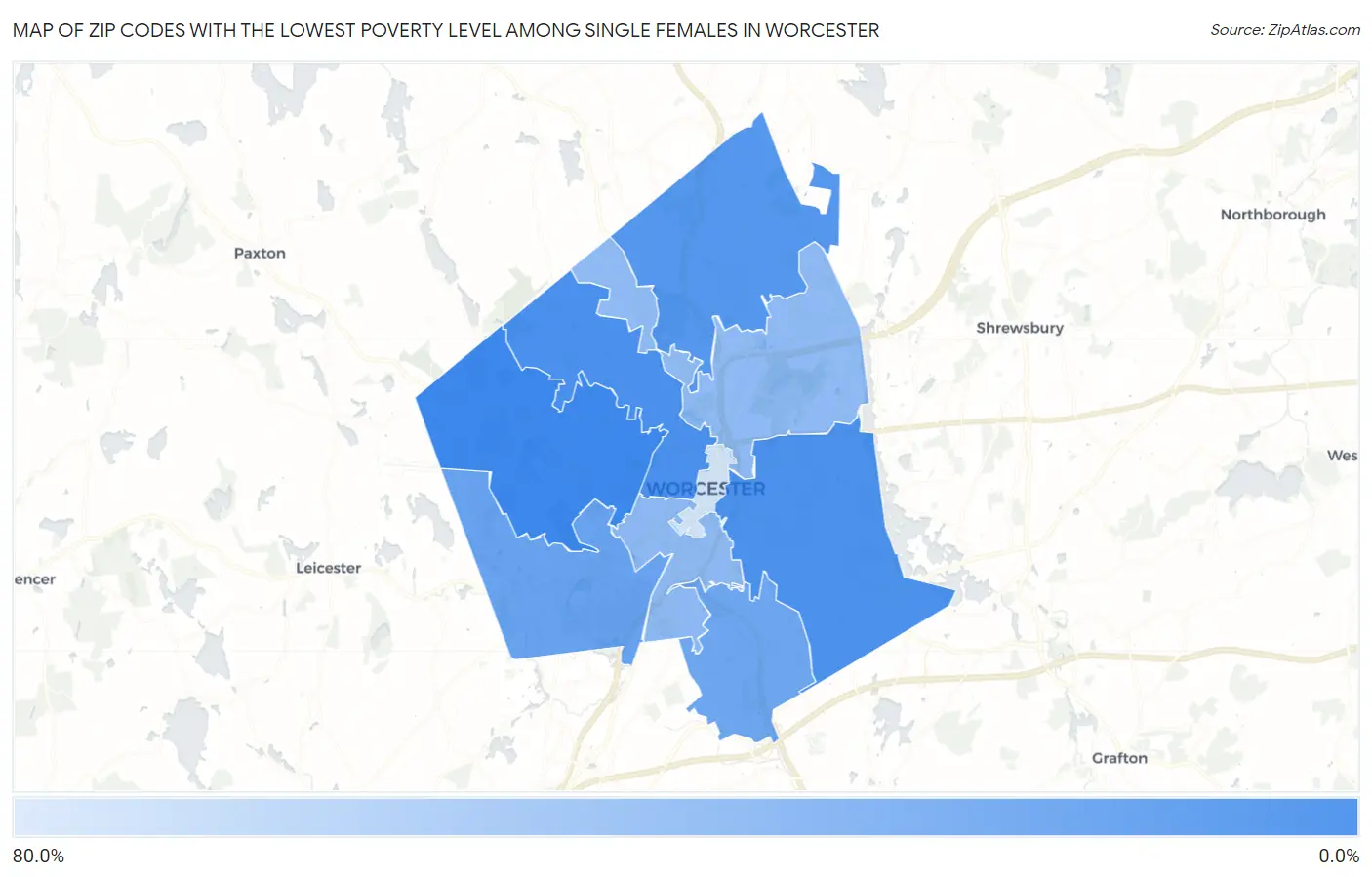 Zip Codes with the Lowest Poverty Level Among Single Females in Worcester Map