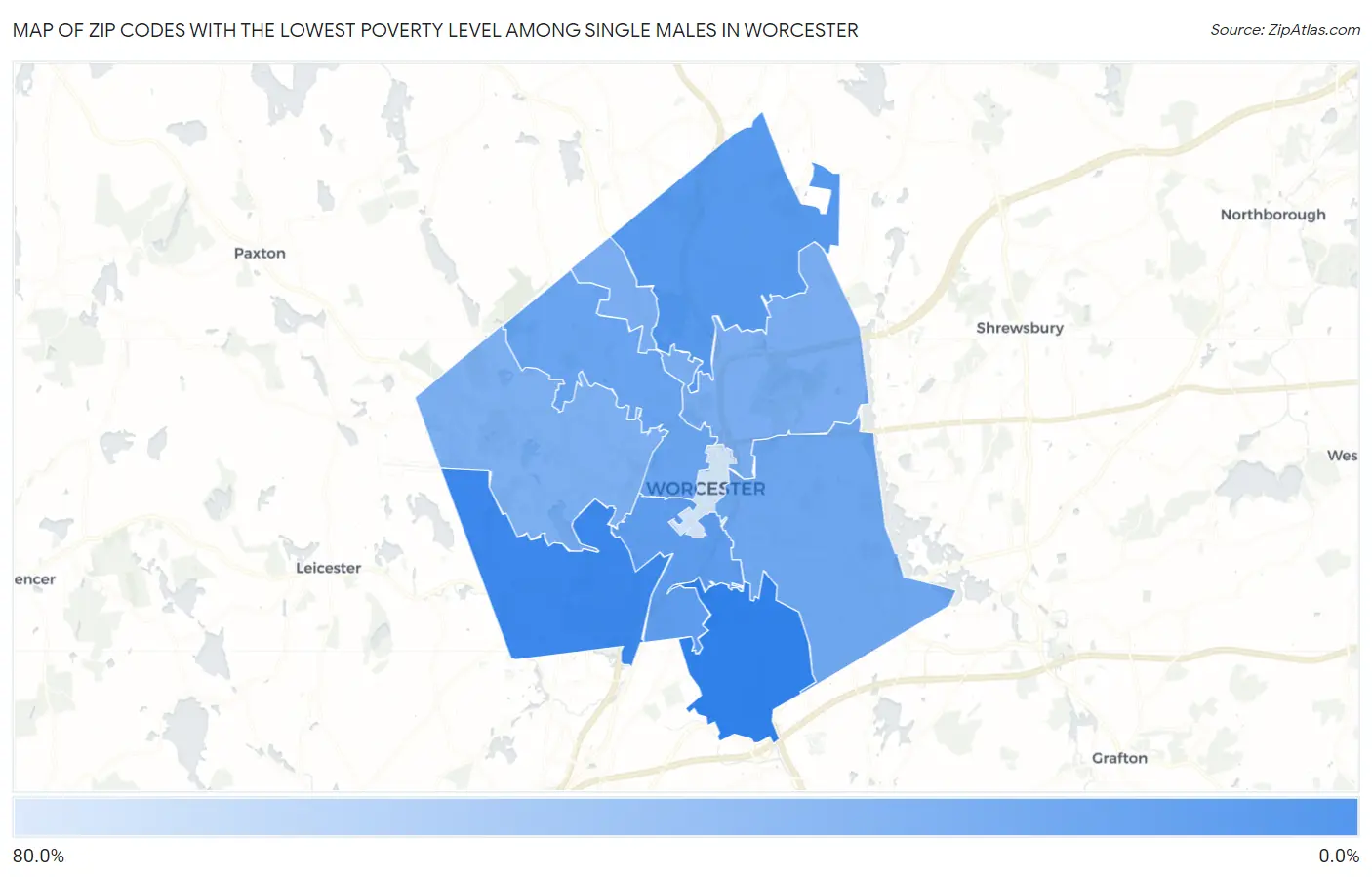 Zip Codes with the Lowest Poverty Level Among Single Males in Worcester Map