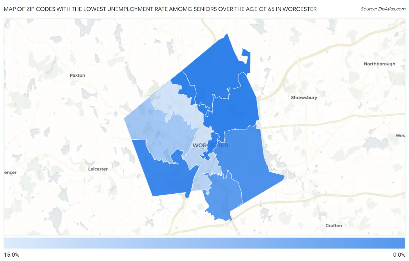Zip Codes with the Lowest Unemployment Rate Amomg Seniors Over the Age of 65 in Worcester Map