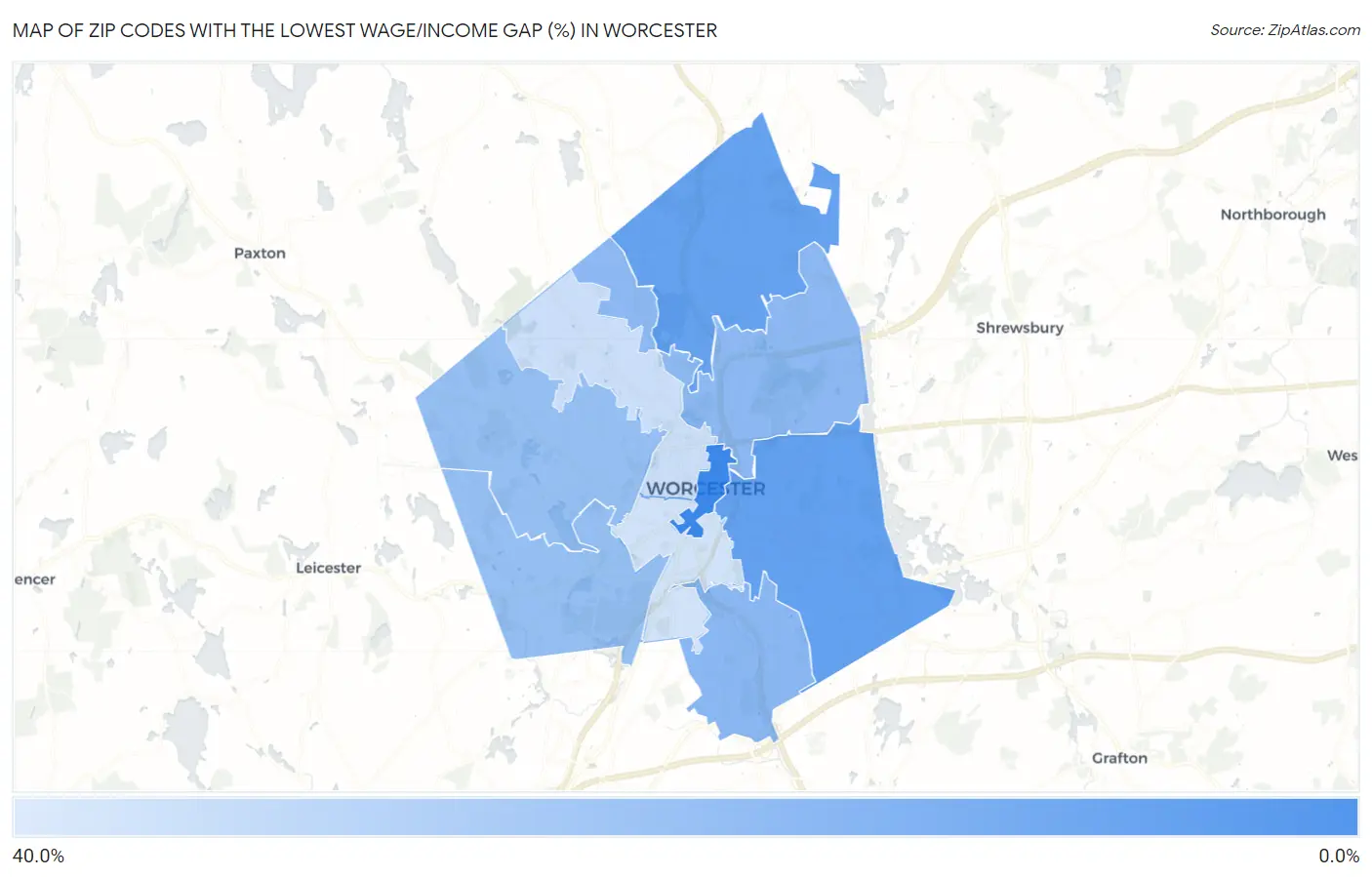 Zip Codes with the Lowest Wage/Income Gap (%) in Worcester Map
