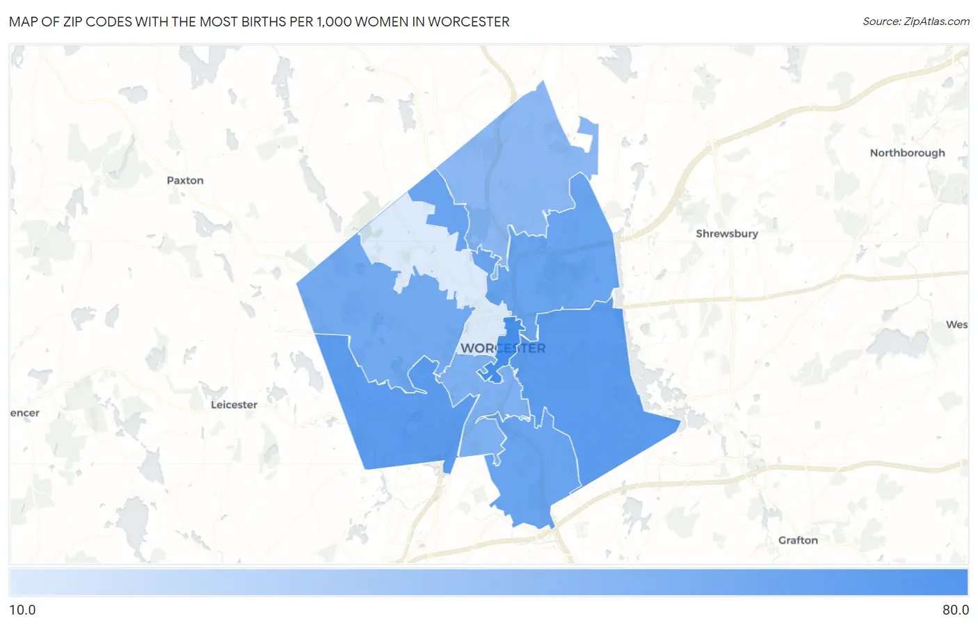 Zip Codes with the Most Births per 1,000 Women in Worcester Map