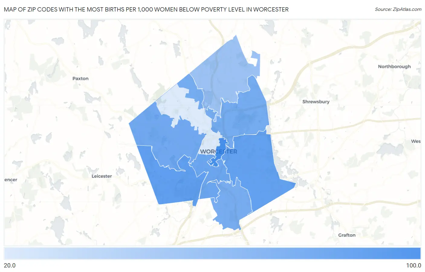 Zip Codes with the Most Births per 1,000 Women Below Poverty Level in Worcester Map