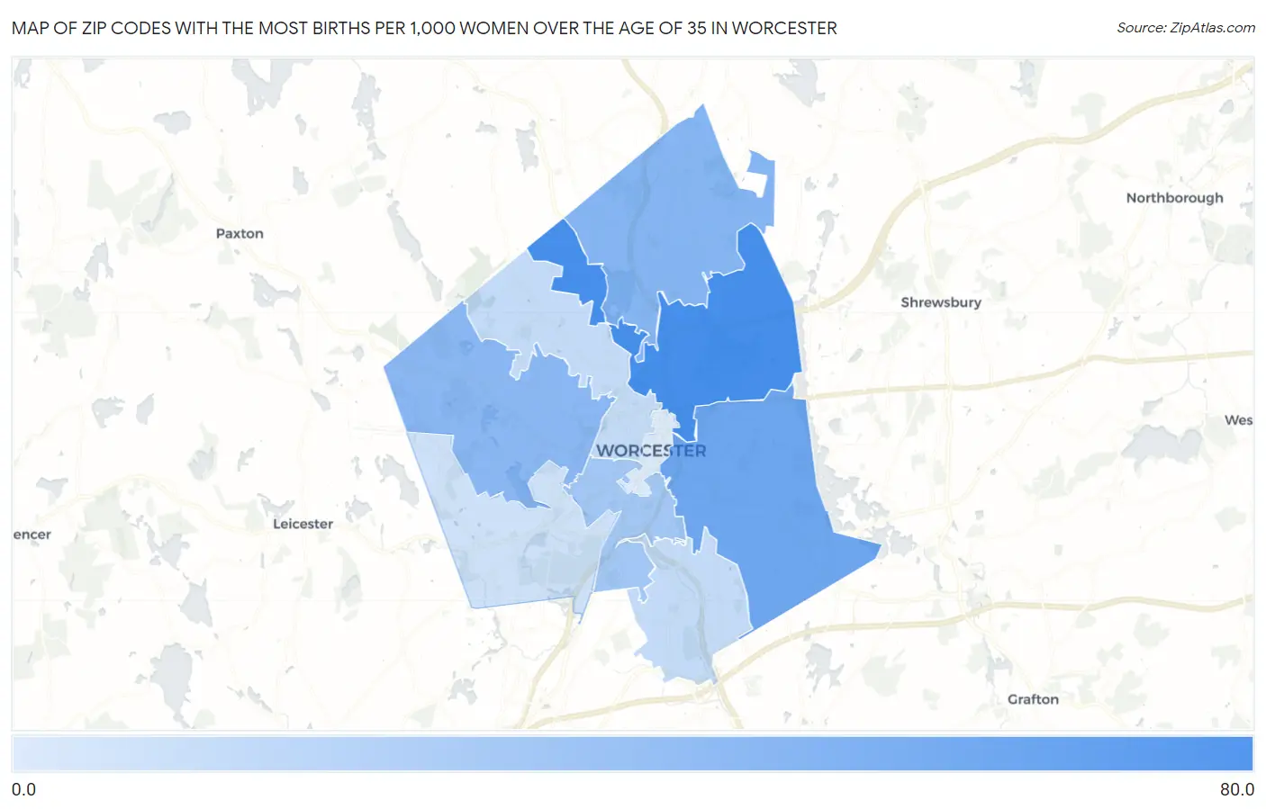 Zip Codes with the Most Births per 1,000 Women Over the Age of 35 in Worcester Map