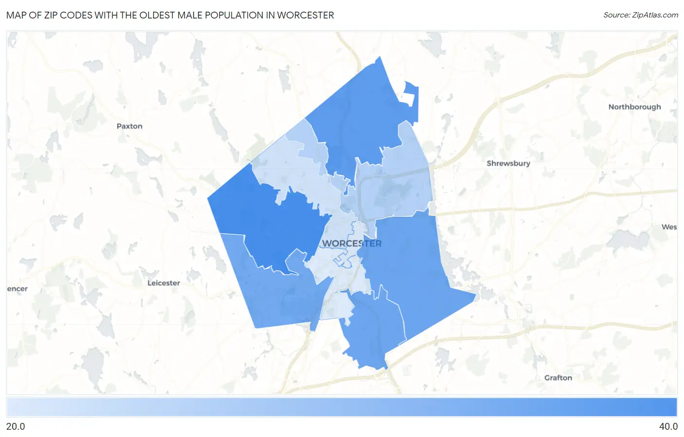 Zip Codes with the Oldest Male Population in Worcester Map