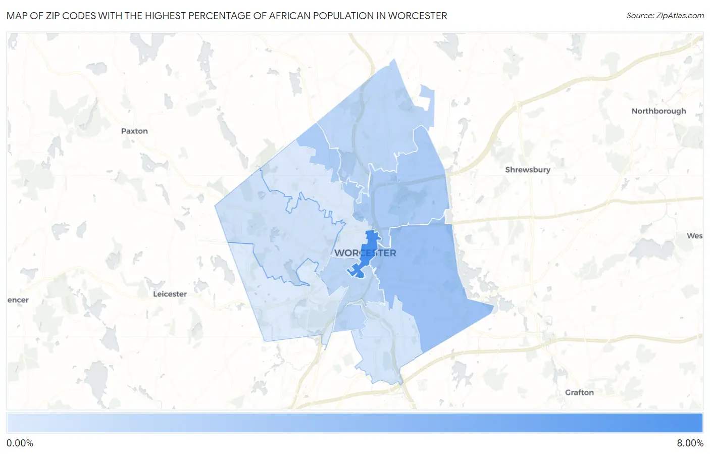 Zip Codes with the Highest Percentage of African Population in Worcester Map