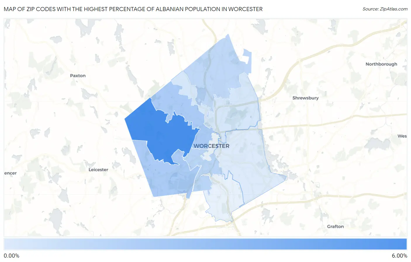 Zip Codes with the Highest Percentage of Albanian Population in Worcester Map