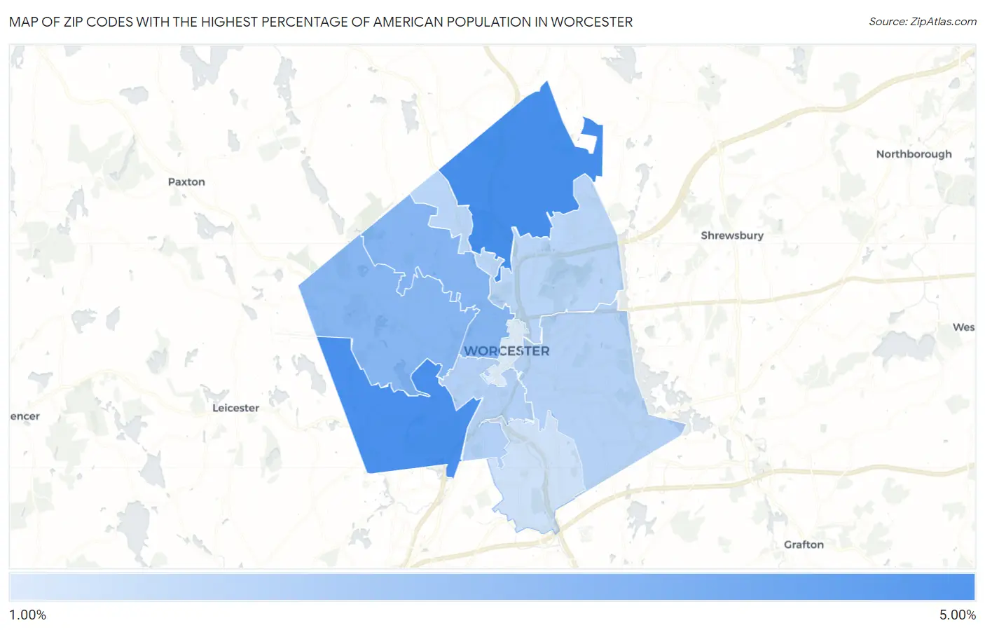 Zip Codes with the Highest Percentage of American Population in Worcester Map