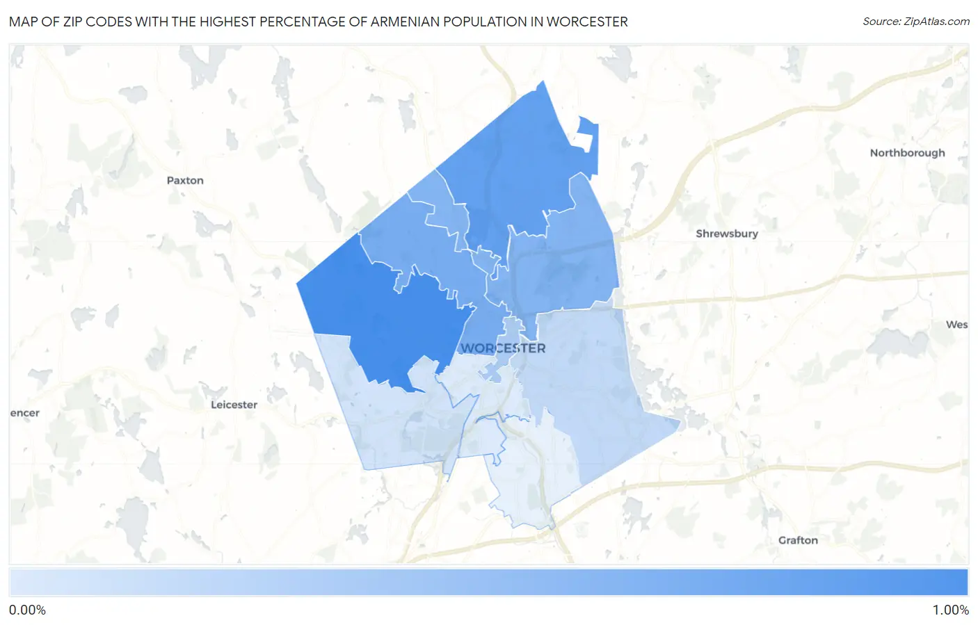 Zip Codes with the Highest Percentage of Armenian Population in Worcester Map