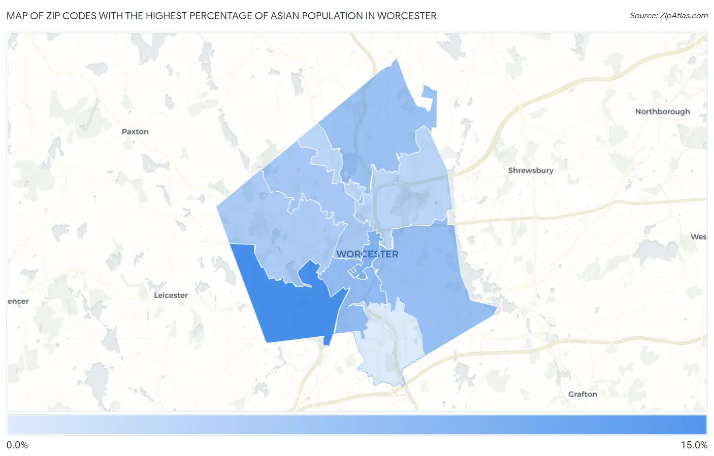 Zip Codes with the Highest Percentage of Asian Population in Worcester Map