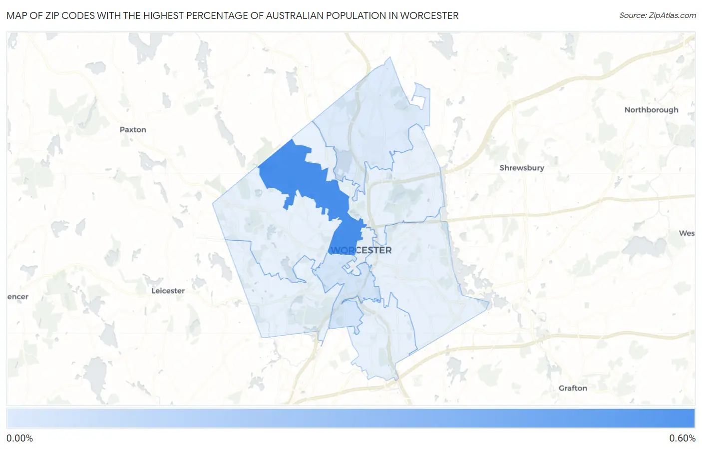 Zip Codes with the Highest Percentage of Australian Population in Worcester Map