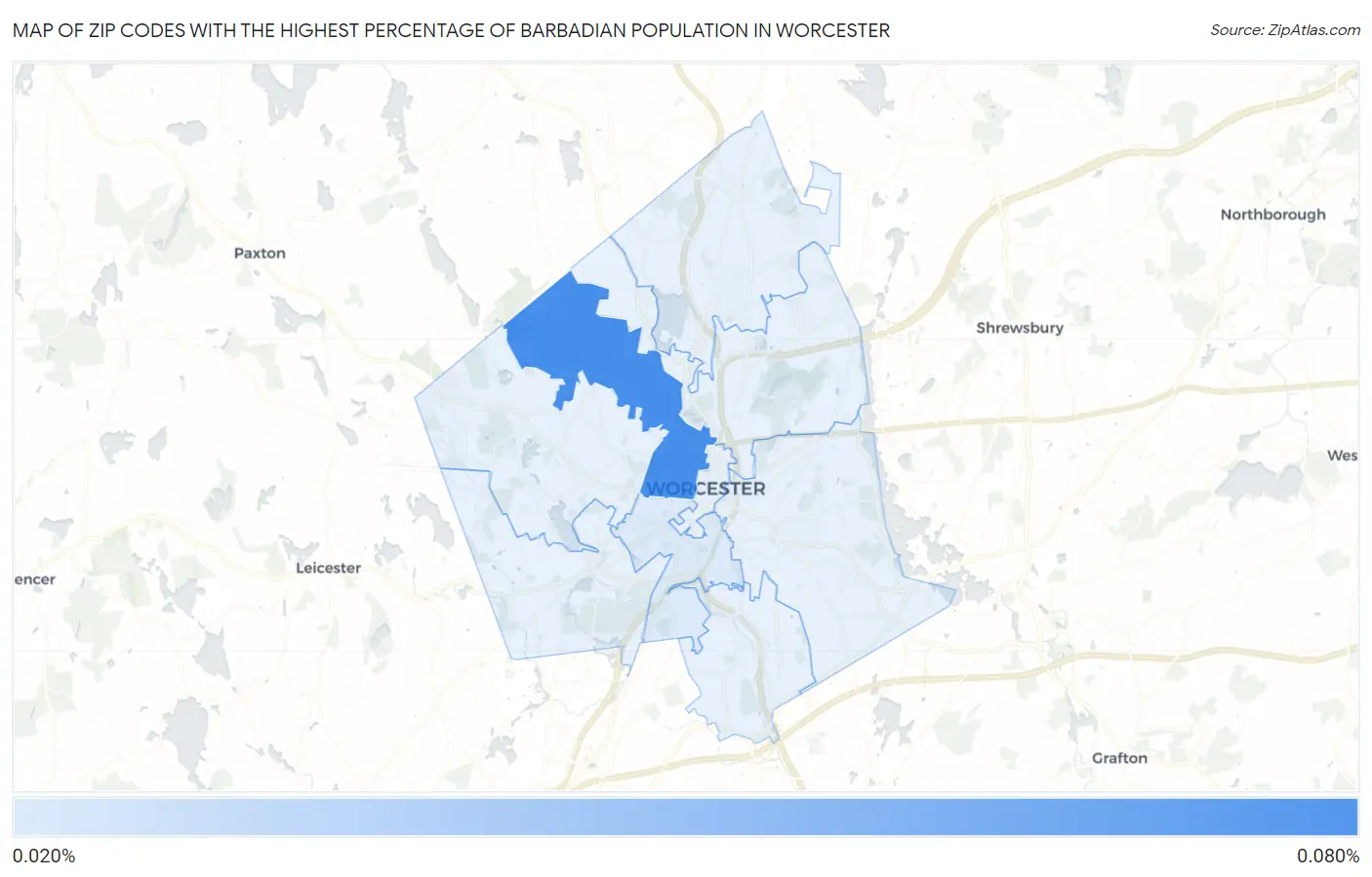 Zip Codes with the Highest Percentage of Barbadian Population in Worcester Map