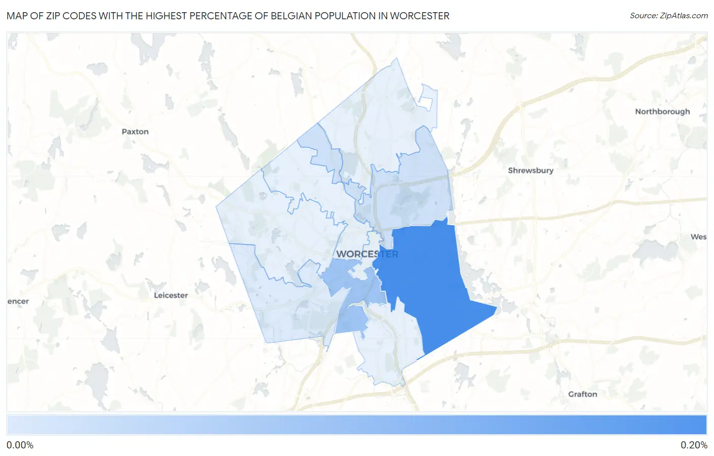 Zip Codes with the Highest Percentage of Belgian Population in Worcester Map