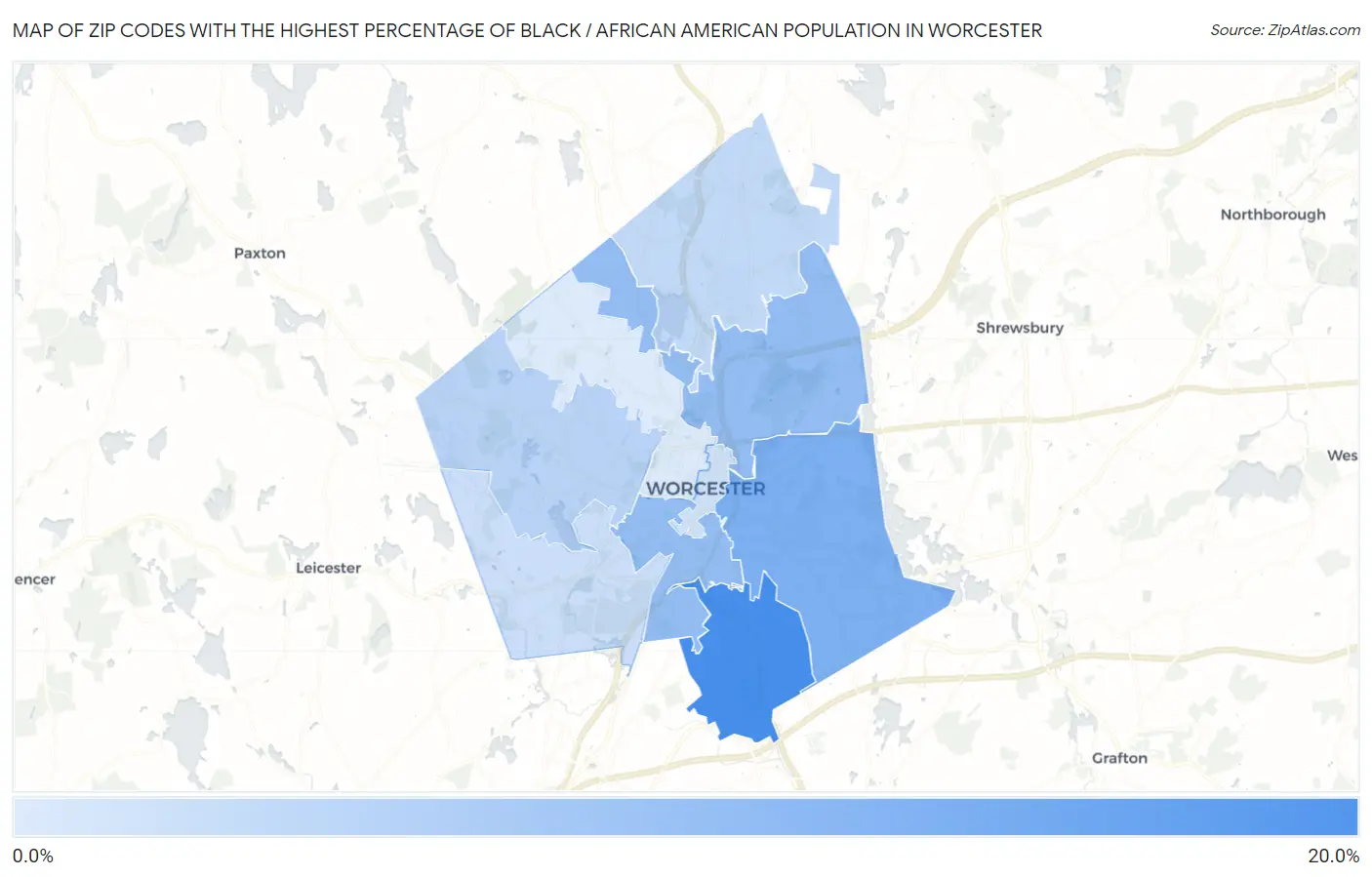 Zip Codes with the Highest Percentage of Black / African American Population in Worcester Map