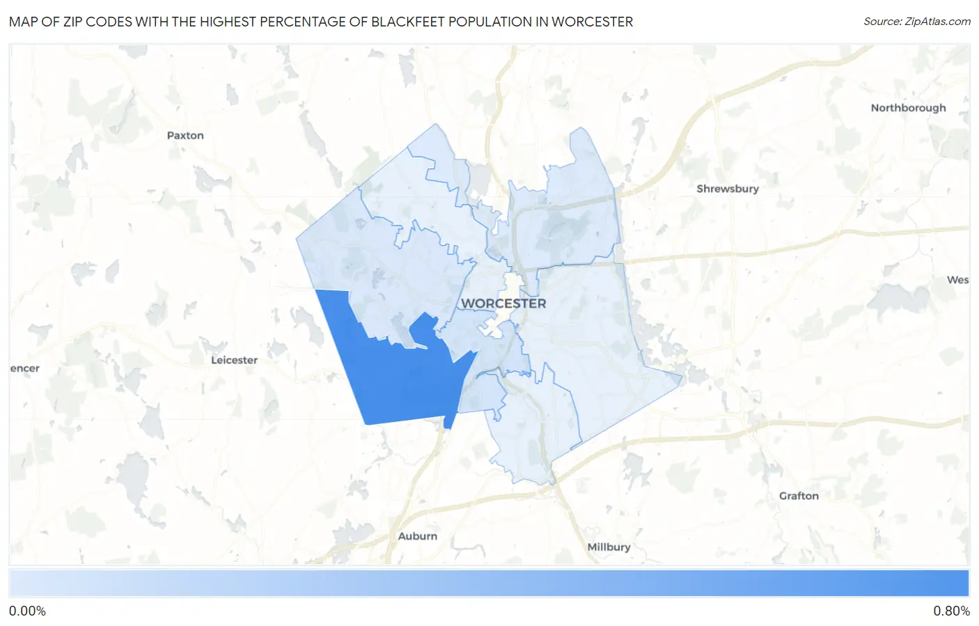 Zip Codes with the Highest Percentage of Blackfeet Population in Worcester Map