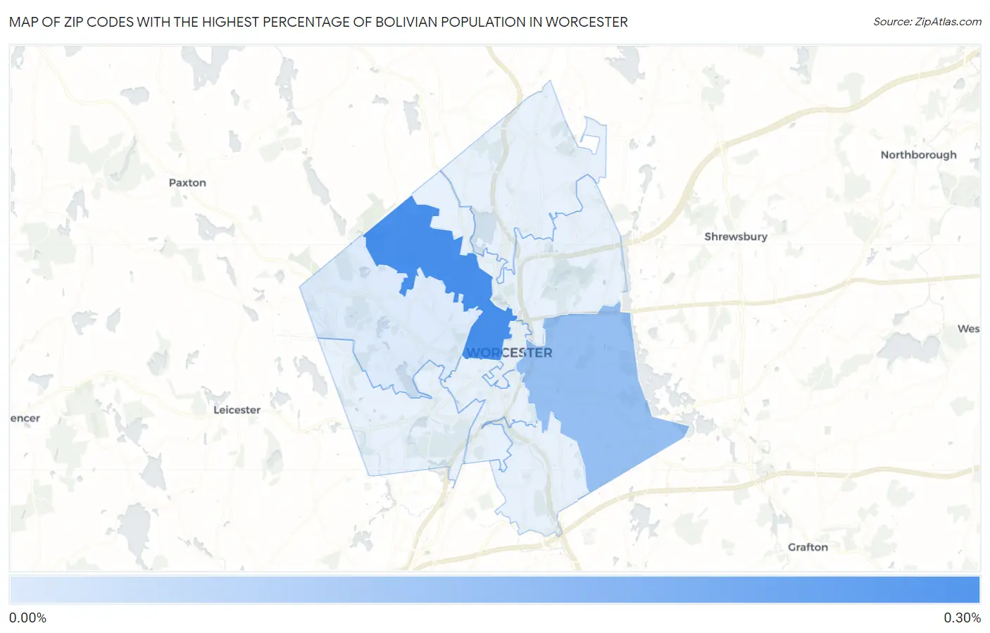 Zip Codes with the Highest Percentage of Bolivian Population in Worcester Map