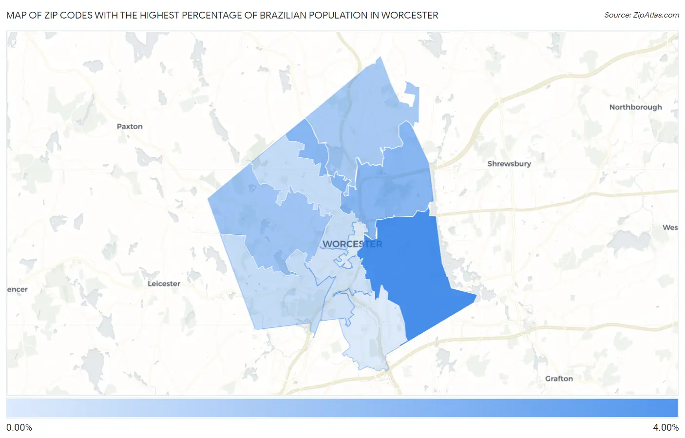 Zip Codes with the Highest Percentage of Brazilian Population in Worcester Map