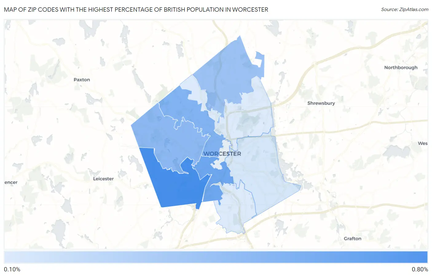 Zip Codes with the Highest Percentage of British Population in Worcester Map