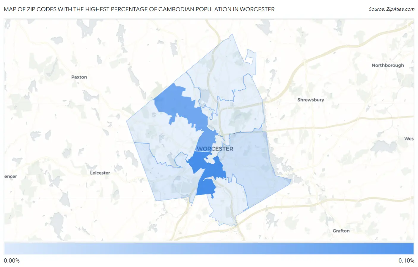 Zip Codes with the Highest Percentage of Cambodian Population in Worcester Map