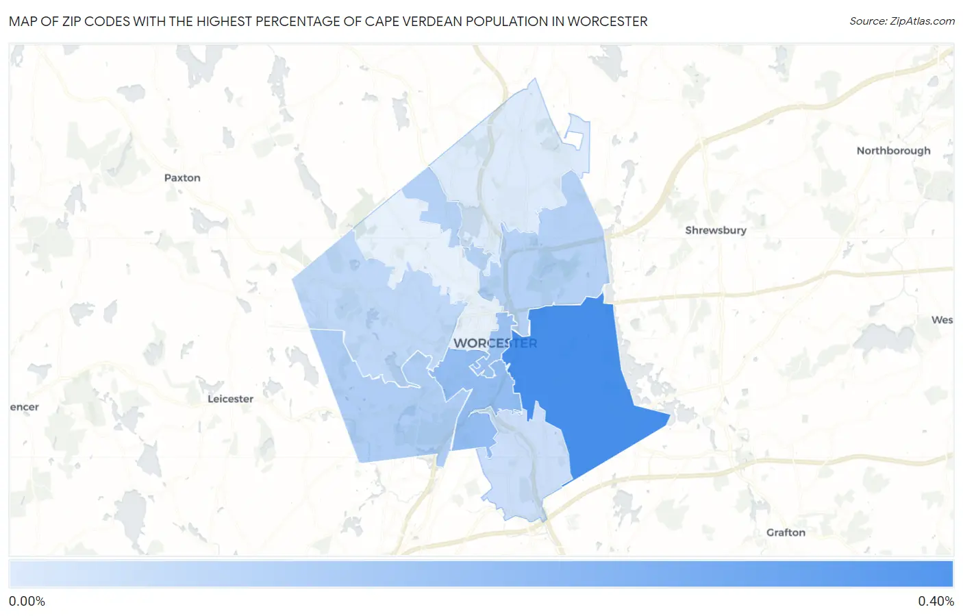 Zip Codes with the Highest Percentage of Cape Verdean Population in Worcester Map