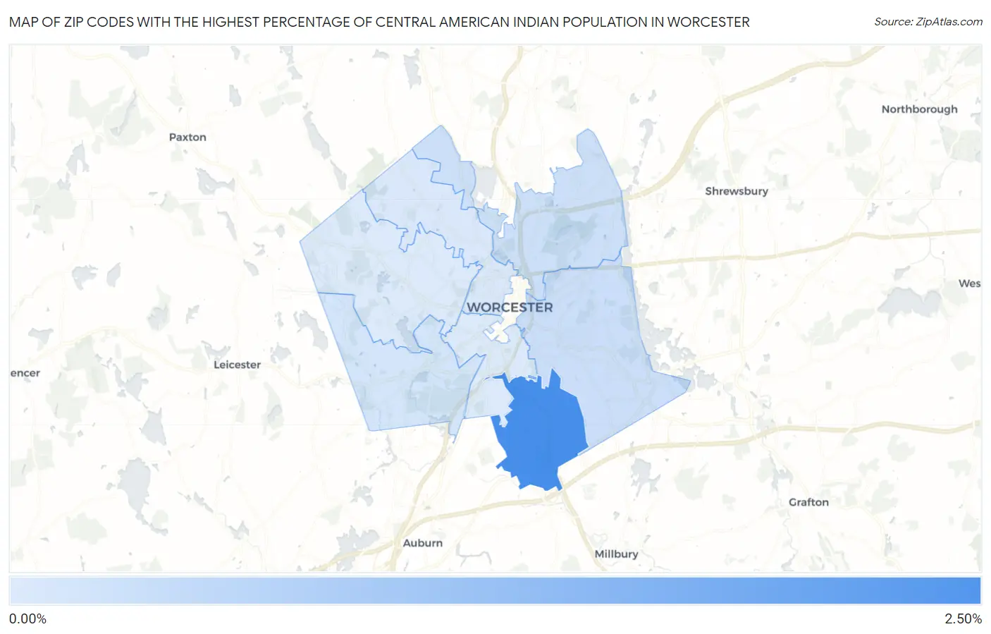Zip Codes with the Highest Percentage of Central American Indian Population in Worcester Map