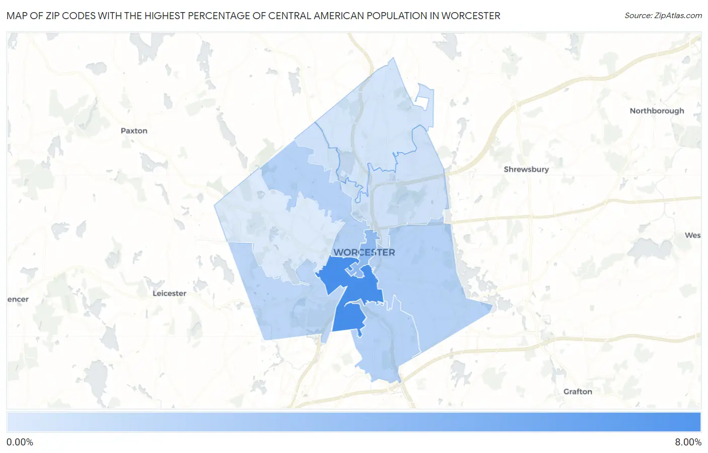 Zip Codes with the Highest Percentage of Central American Population in Worcester Map