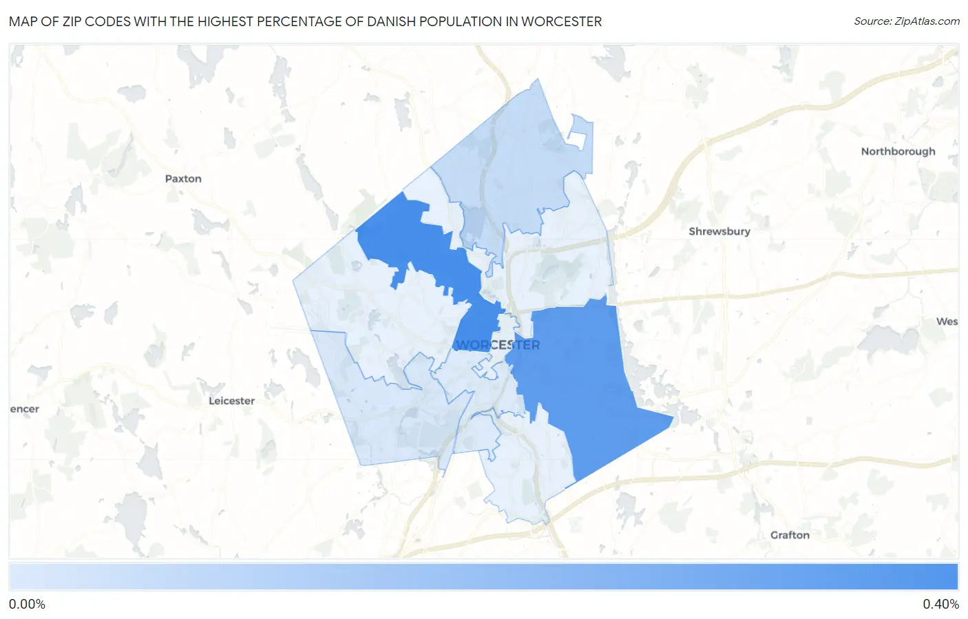 Zip Codes with the Highest Percentage of Danish Population in Worcester Map