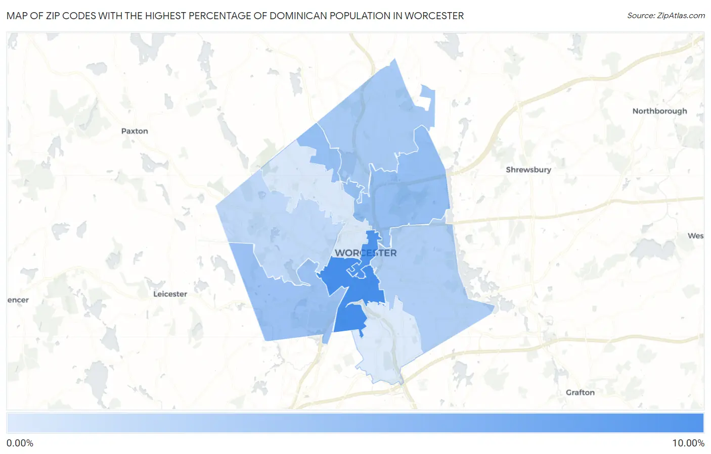 Zip Codes with the Highest Percentage of Dominican Population in Worcester Map