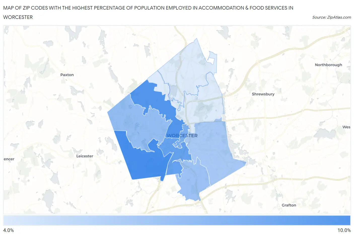 Zip Codes with the Highest Percentage of Population Employed in Accommodation & Food Services in Worcester Map