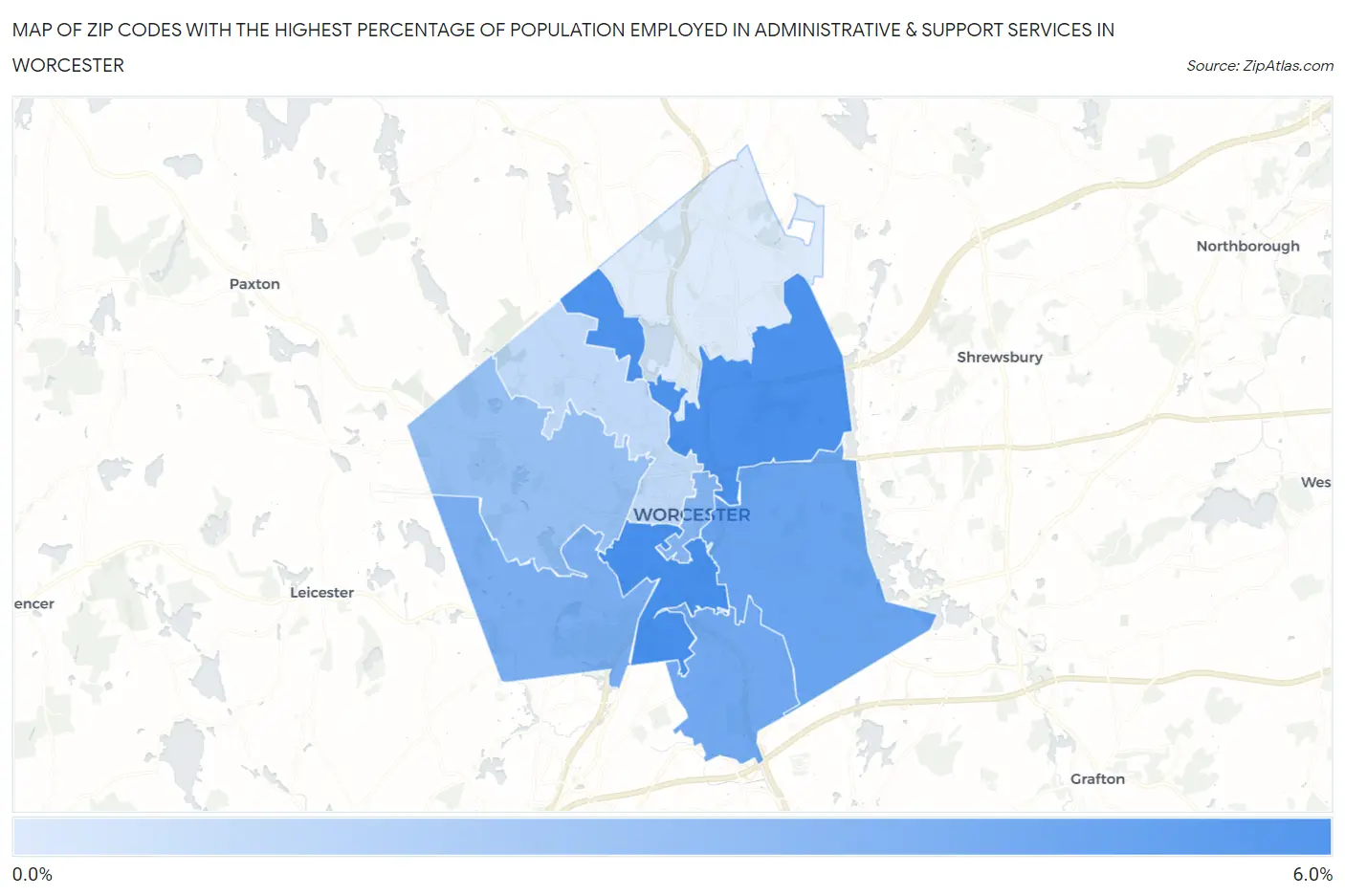 Zip Codes with the Highest Percentage of Population Employed in Administrative & Support Services in Worcester Map