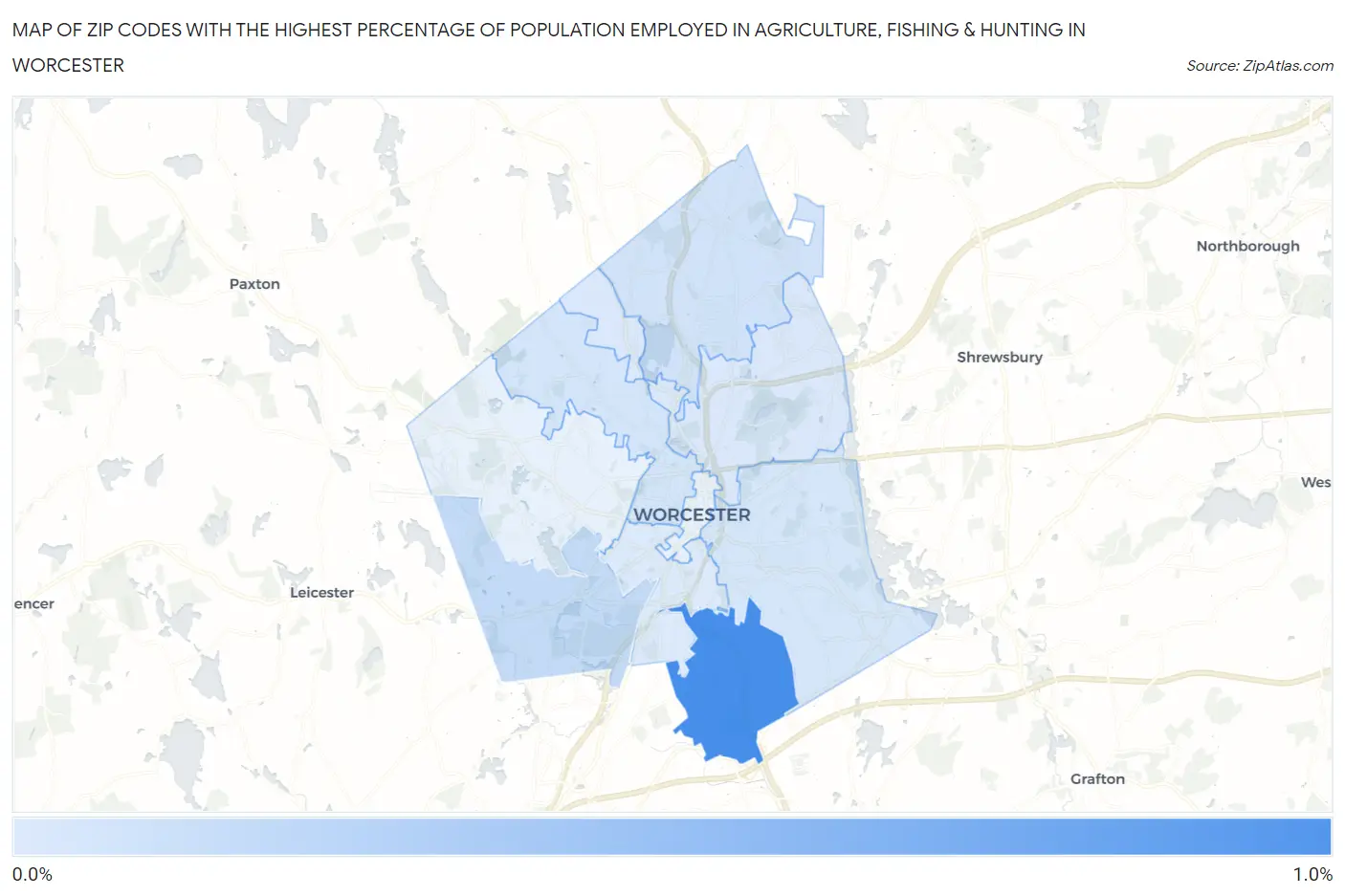 Zip Codes with the Highest Percentage of Population Employed in Agriculture, Fishing & Hunting in Worcester Map