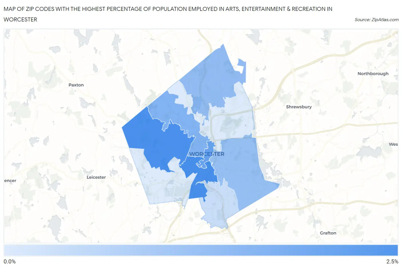 Zip Codes with the Highest Percentage of Population Employed in Arts, Entertainment & Recreation in Worcester Map