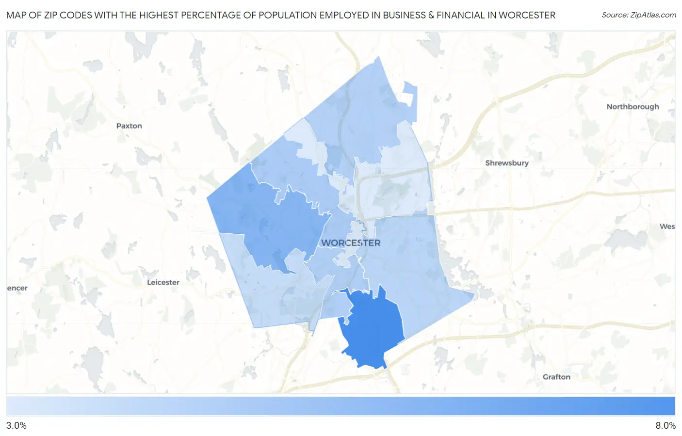 Zip Codes with the Highest Percentage of Population Employed in Business & Financial in Worcester Map