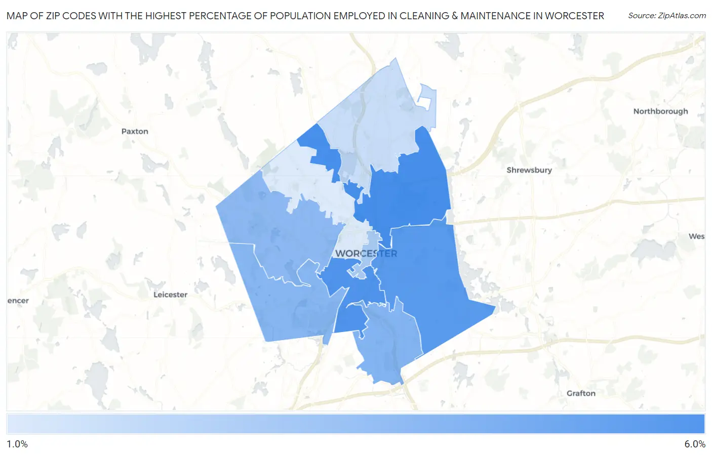 Zip Codes with the Highest Percentage of Population Employed in Cleaning & Maintenance in Worcester Map