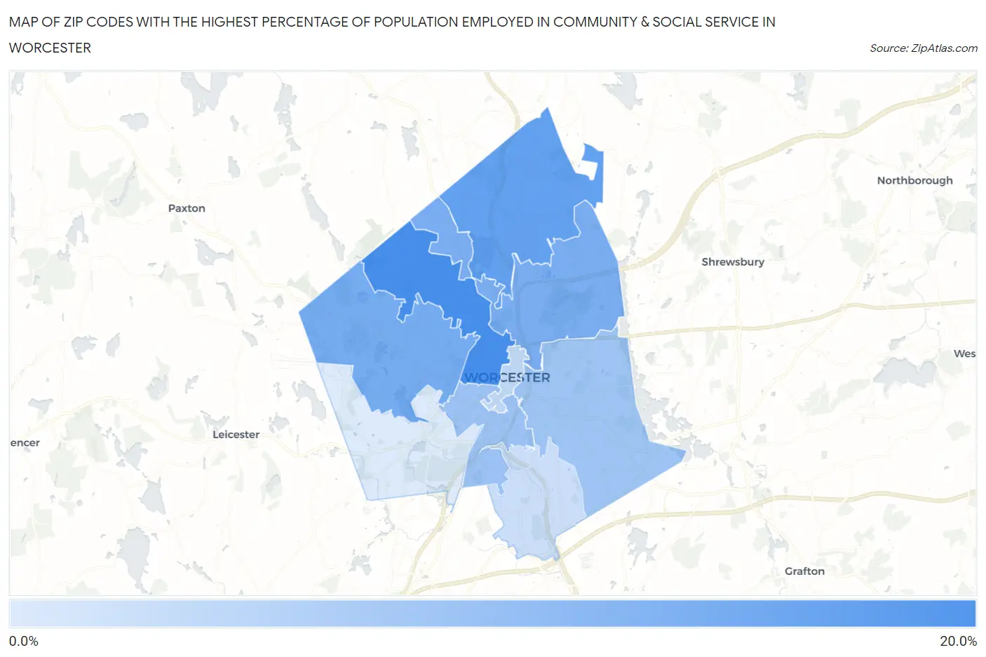 Zip Codes with the Highest Percentage of Population Employed in Community & Social Service  in Worcester Map