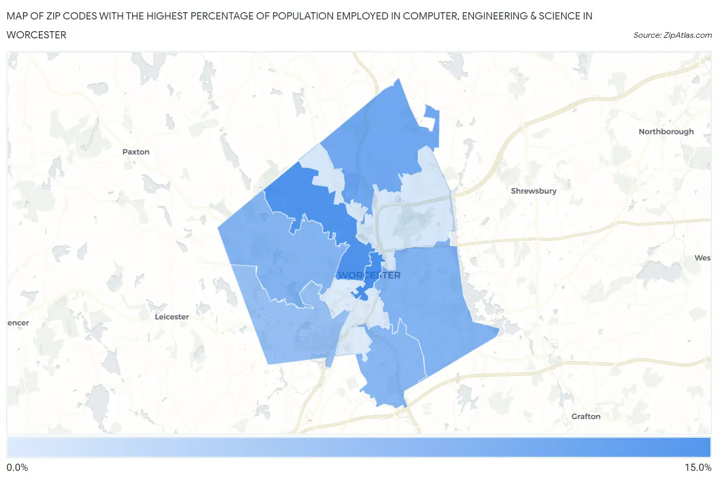 Zip Codes with the Highest Percentage of Population Employed in Computer, Engineering & Science in Worcester Map