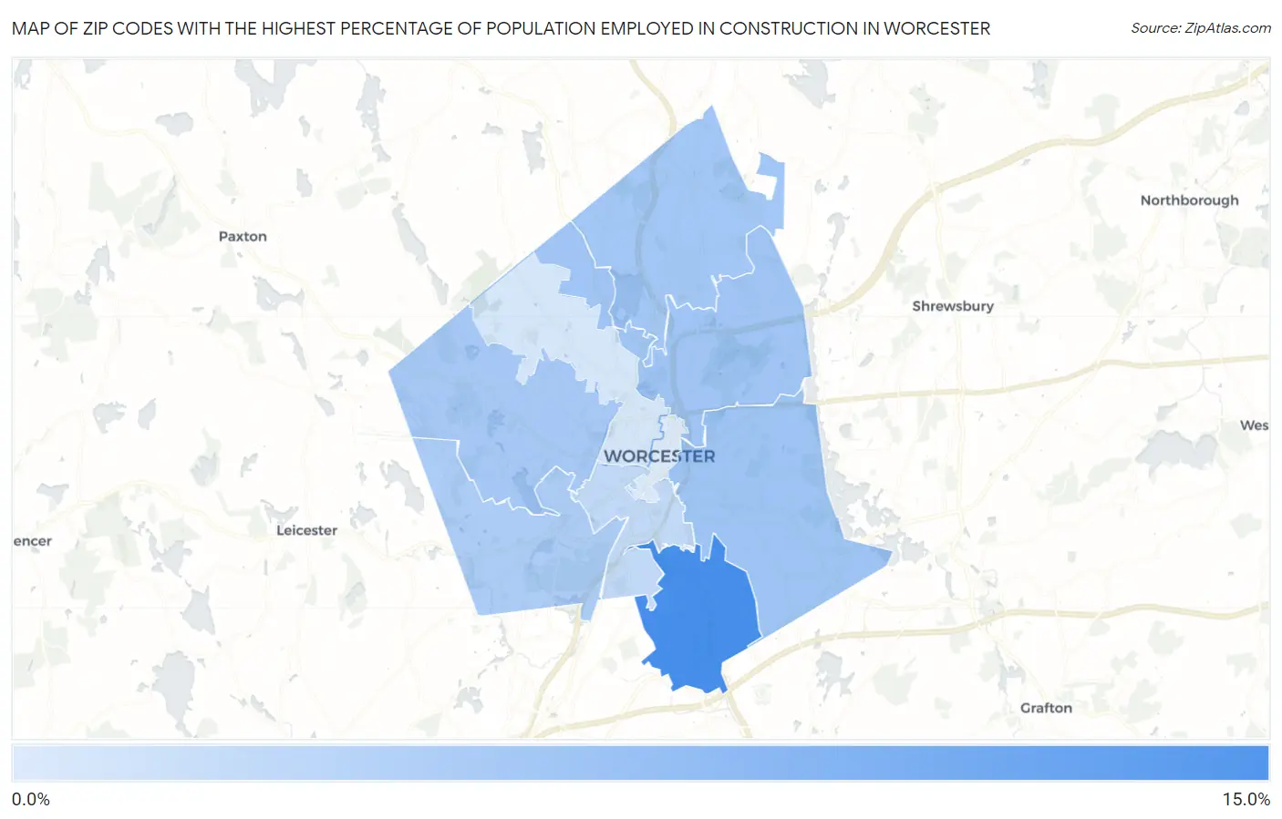 Zip Codes with the Highest Percentage of Population Employed in Construction in Worcester Map