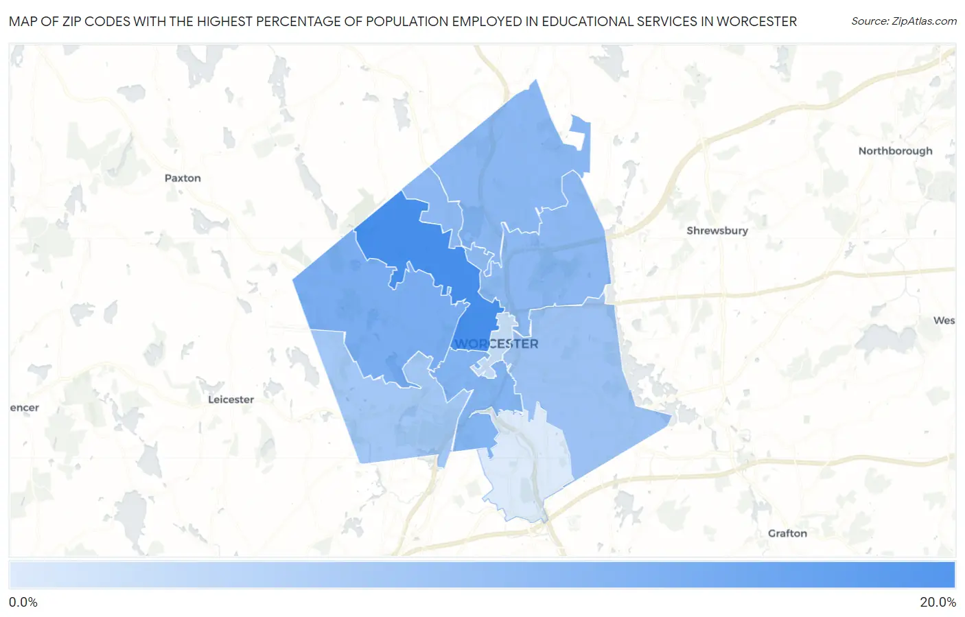 Zip Codes with the Highest Percentage of Population Employed in Educational Services in Worcester Map