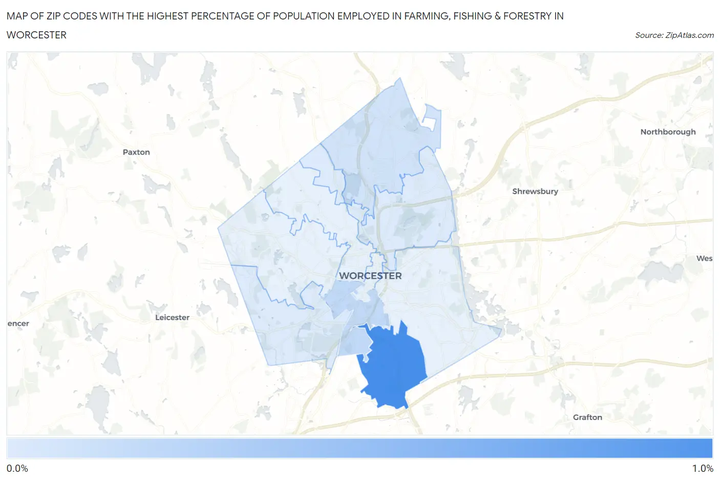 Zip Codes with the Highest Percentage of Population Employed in Farming, Fishing & Forestry in Worcester Map