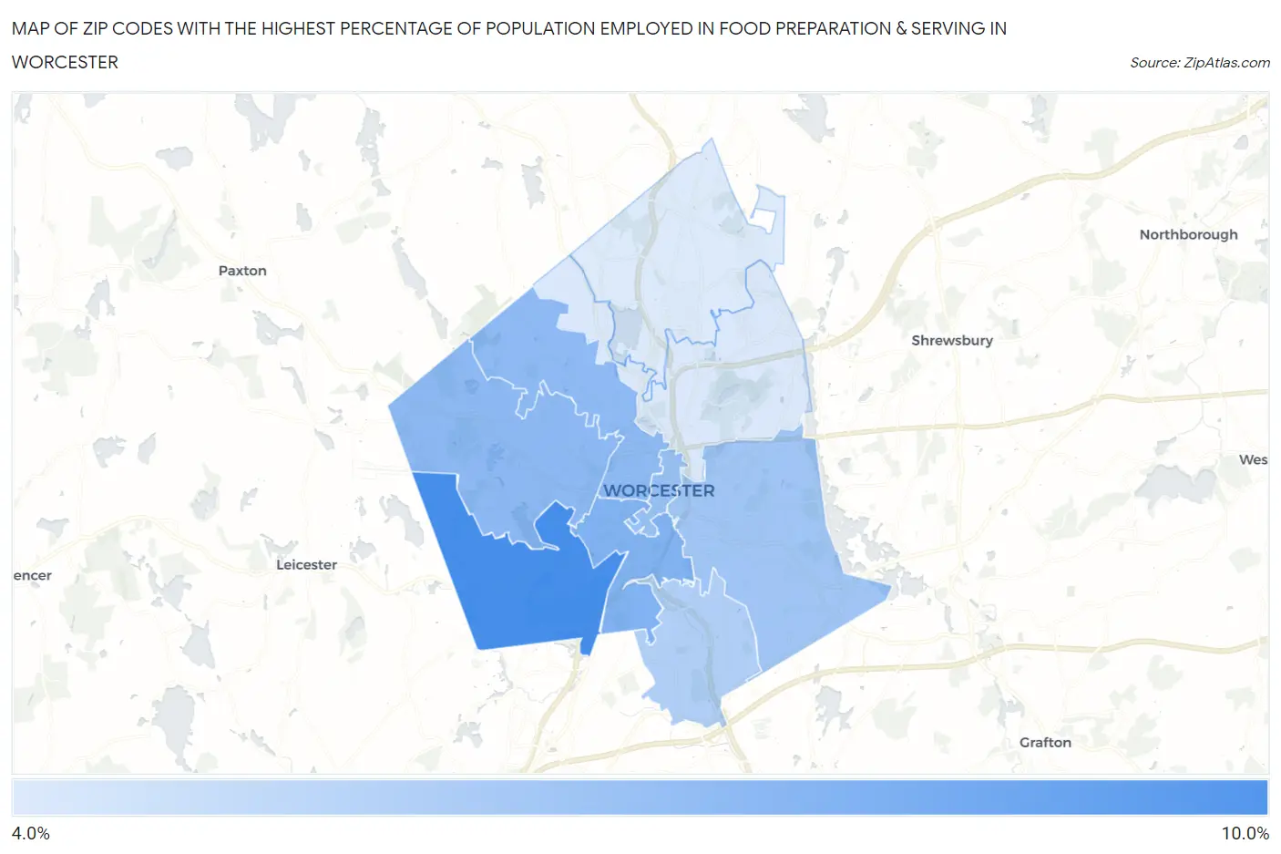 Zip Codes with the Highest Percentage of Population Employed in Food Preparation & Serving in Worcester Map