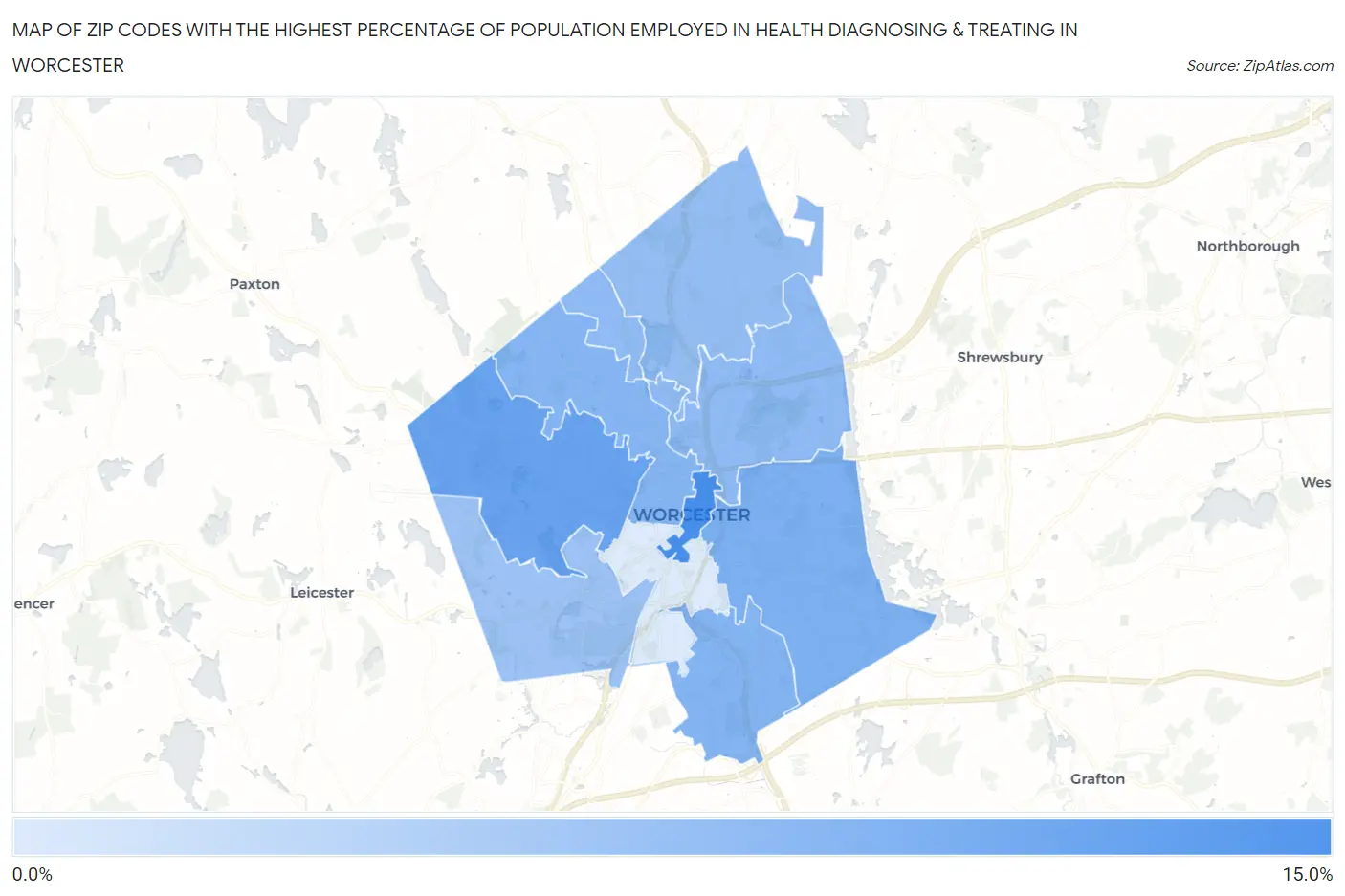 Zip Codes with the Highest Percentage of Population Employed in Health Diagnosing & Treating in Worcester Map