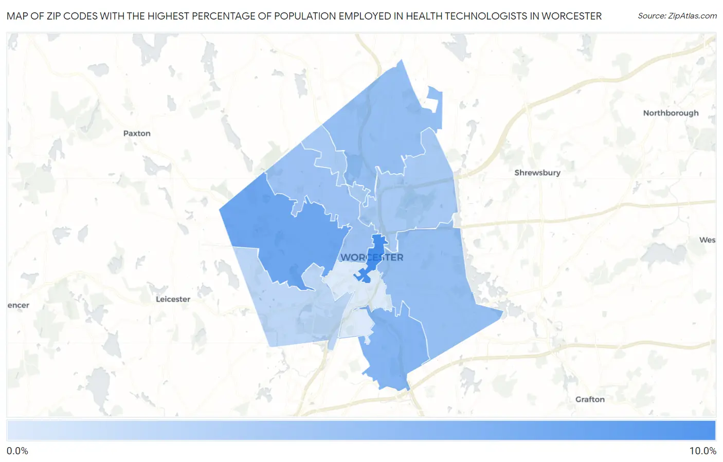 Zip Codes with the Highest Percentage of Population Employed in Health Technologists in Worcester Map