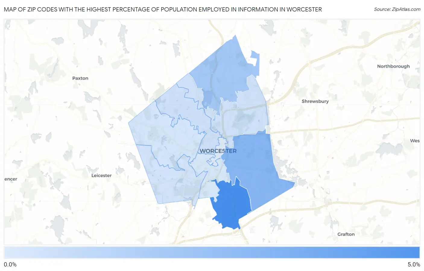 Zip Codes with the Highest Percentage of Population Employed in Information in Worcester Map
